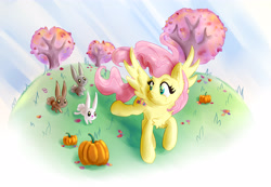 Size: 5000x3455 | Tagged: safe, artist:nedemai, character:fluttershy, species:pegasus, species:pony, species:rabbit, g4, animal, autumn, cheek fluff, chest fluff, cute, ear fluff, female, head turn, high res, leaf, leaves, looking at each other, looking at someone, looking back, mare, outdoors, pumpkin, raised hoof, raised leg, running, scenery, shyabetes, smiling, solo, spread wings, tree, windswept hair, wings