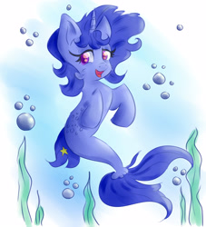 Size: 3636x4000 | Tagged: safe, artist:nedemai, oc, oc only, species:pony, species:seapony (g4), species:unicorn, g4, blue mane, bubble, colored pupils, digital art, dorsal fin, female, fish tail, flowing mane, flowing tail, horn, looking at you, mare, ocean, open mouth, open smile, purple eyes, seaponified, seaweed, smiling, solo, species swap, tail, underwater, water