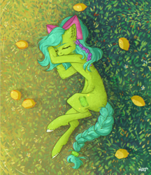 Size: 2536x2941 | Tagged: safe, artist:lovely-pony, oc, oc:emerald joy, species:earth pony, species:pony, g4, bow tie, female, food, grass, lemon, lying down, mango, mare, pigtails, signature, sleeping, solo