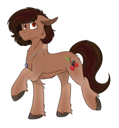 Size: 1901x2045 | Tagged: safe, artist:rokosmith26, oc, oc only, oc:cherry flint, species:earth pony, species:pony, g4, belly fluff, chest fluff, floppy ears, fluffy, happy, hoof fluff, jewelry, looking up, male, necklace, raised leg, short hair, simple background, solo, stallion, standing, transparent background