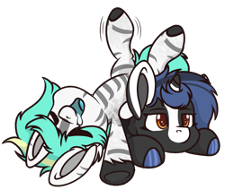 Size: 1245x1056 | Tagged: safe, artist:rokosmith26, oc, oc only, oc:nova ruin, oc:rokosmith, species:pegasus, species:pony, species:unicorn, g4, chibi, drool, duo, eyes closed, eyes open, female, hoof fluff, looking forward, mare, markings, open mouth, orange eyes, short hair, simple background, smiling, stripes, tail, transparent background, tribal marking