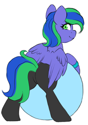 Size: 3539x5000 | Tagged: safe, artist:grapegrass, artist:torihime, oc, oc only, oc:felicity stars, species:pegasus, species:pony, g4, bipedal, bipedal leaning, clothing, colored sketch, commission, female, leaning, looking at you, looking back, looking back at you, mare, pants, simple background, solo, white background, wings, ych result, yoga ball, yoga pants