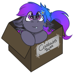 Size: 567x559 | Tagged: safe, artist:rokosmith26, derpibooru original, part of a set, oc, oc only, oc:grey, species:bat pony, species:pony, g4, bat pony oc, bat wings, box, cheek fluff, chibi, commission, cute, ear fluff, eye clipping through hair, floppy ears, flower, flower in hair, looking at you, male, pink eyes, pony in a box, puppy dog eyes, roko's box ponies, simple background, smiling, solo, stallion, tail, teeth, text, tooth, transparent background, wings, ych result