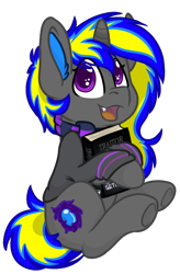 Size: 779x1188 | Tagged: safe, artist:rokosmith26, oc, oc only, oc:rapid shadow, species:pony, species:unicorn, g4, book, clothing, colored pupils, cute, cutie mark, ear fluff, fangs, flower, happy, hoodie, horn, hug, looking at you, male, open mouth, scarf, simple background, sitting, smiling, solo, teeth, transparent background, underhoof