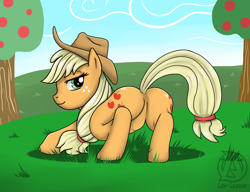 Size: 920x706 | Tagged: safe, alternate version, artist:lewlegend, character:applejack, species:earth pony, species:pony, g4, apple, apple tree, applebutt, ass up, bedroom eyes, both cutie marks, butt, clothing, cowboy hat, crouching, cutie mark, digital art, female, hat, looking at you, looking back, looking back at you, mare, plot, solo, tail, tree
