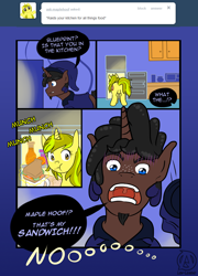 Size: 796x1106 | Tagged: safe, artist:lewlegend, oc, oc only, species:pony, species:unicorn, g4, ass up, butt, caught, clothing, comic, cutie mark, dialogue, digital art, eating, food, glowing horn, horn, magic, open mouth, plot, refrigerator, sandwich, shocked, speech bubble, tail, text