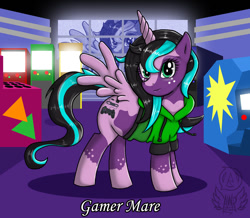 Size: 900x785 | Tagged: safe, artist:lewlegend, oc, oc only, species:alicorn, species:pony, g4, alicorn oc, arcade, arcade game, clothing, cutie mark, digital art, female, horn, looking at you, mare, not starlight glimmer, solo, tail, wings