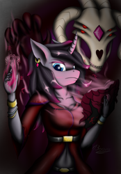 Size: 1709x2458 | Tagged: safe, artist:bomzzzik, community related, character:fhtng th§ ¿nsp§kbl, character:oleander, species:anthro, species:pony, species:unicorn, them's fightin' herds, g4, clothing, dark magic, female, ghost, magic, magic book, undead