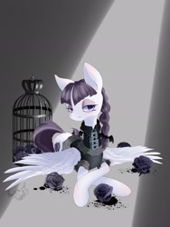 Size: 1536x2048 | Tagged: safe, artist:psaxophone, character:inky rose, species:pegasus, species:pony, g4, bird cage, black rose, braid, clothing, female, flower, goth, mare, rose, solo