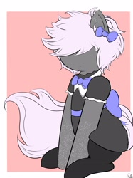 Size: 2106x2820 | Tagged: safe, artist:drawalaverr, oc, oc:pulsse, species:earth pony, species:pony, g4, bow, clothing, covered eyes, crossdressing, femboy, maid, male, simple background, sitting, smiling, solo, spots