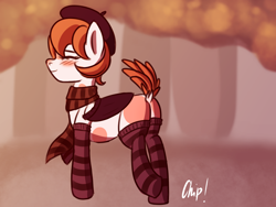 Size: 1600x1200 | Tagged: safe, artist:plaguemare, oc, oc only, oc:chip breeze, species:pony, g4, beret, blushing, clothing, female, hat, mare, raised tail, scarf, socks, solo, striped socks, tail, walking, wing gloves