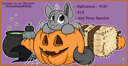 Size: 2148x1116 | Tagged: safe, artist:rokosmith26, species:pony, g4, advertisement, bubble, chibi, clothing, commission, halloween, hat, hay, hay bale, holiday, pot, pumpkin, simple background, solo, spider web, tongue out, witch hat, your character here