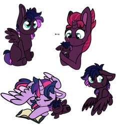 Size: 1352x1376 | Tagged: safe, artist:greyestgray, character:tempest shadow, character:twilight sparkle, character:twilight sparkle (alicorn), oc, oc:calvary troop, parent:tempest shadow, parent:twilight sparkle, parents:tempestlight, species:alicorn, species:pegasus, species:pony, g4, book, colt, magical lesbian spawn, male, offspring, simple background, sleeping, transparent background