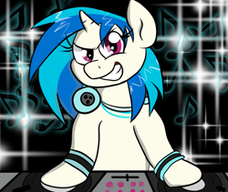 Size: 1100x930 | Tagged: safe, artist:tranzmuteproductions, character:dj pon-3, character:vinyl scratch, species:pony, species:unicorn, g4, female, grin, headphones, mare, smiling, solo, turntable, wristband