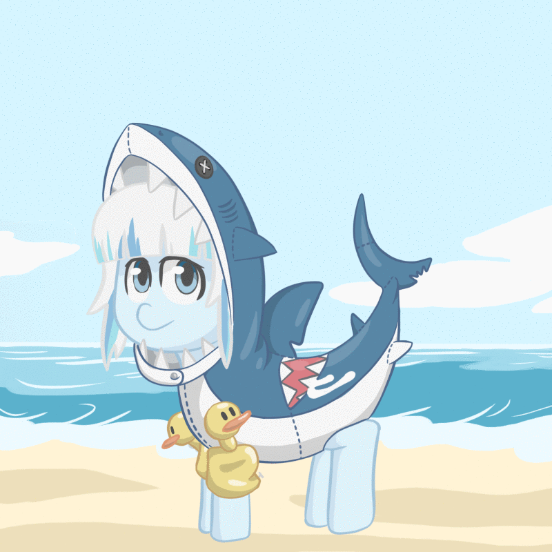 Size: 800x800 | Tagged: safe, artist:shrimpshogun, oc, species:pony, g4, animated, beach, gawr gura, gif, images you can hear, ocean, open mouth, original species, ponified, sand, shark, shark costume, shark pony, solo, text, vtuber, water wings