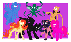 Size: 2200x1300 | Tagged: safe, artist:spyro-for-life, character:applejack, character:fluttershy, character:pinkie pie, character:rainbow dash, character:rarity, character:spike, character:twilight sparkle, character:twilight sparkle (alicorn), oc, oc:hysteria (symbiote), oc:slasher (symbiote), species:alicorn, species:dragon, species:earth pony, species:pegasus, species:pony, species:unicorn, fanfic:symbioteverse tales, fanfic:the symbiote, g4, agony (symbiote), alternate hairstyle, crossover, fanfic art, fangs, female, flying, grin, lasher (symbiote), mane seven, mane six, mare, non-pony oc, open mouth, phage (symbiote), raised hoof, raised leg, scream (symbiote), smiling, spider-man, symbiote, tongue out, venom, winged spike