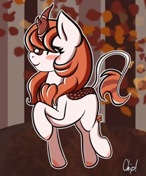 Size: 1000x1200 | Tagged: safe, artist:plaguemare, oc, oc only, oc:chip breeze, species:kirin, g4, autumn, autumn leaves, blushing, female, happy, horn, jumping, kirin oc, kirin-ified, leaf, leaves, mare, running, signature, smiling, solo, species swap, white outline