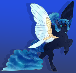 Size: 1563x1500 | Tagged: safe, artist:seffiron, oc, oc:evening tide, parent:nightmare moon, parents:canon x oc, species:pegasus, species:pony, g4, colored wings, heterochromia, male, multicolored wings, offspring, solo, stallion, wings