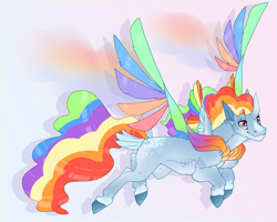 Size: 1873x1500 | Tagged: safe, artist:seffiron, oc, oc:prismatis, parent:pony of shadows, parent:rainbow dash, species:pegasus, species:pony, g4, colored wings, multicolored wings, offspring, parents:rainshadow, solo, tail feathers, wings