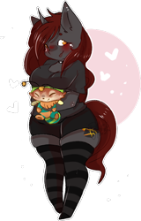 Size: 612x959 | Tagged: safe, artist:shiroikitten, oc, oc only, oc:ember stone, species:anthro, species:pony, species:unicorn, g4, blushing, clothing, commission, curvy, hug, league of legends, plushie, simple background, socks, striped socks, thick, thighs, transparent background