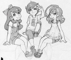 Size: 1000x847 | Tagged: safe, artist:x-arielle, character:apple bloom, character:scootaloo, character:sweetie belle, cutie mark crusaders, humanized, monochrome, overalls, sketch