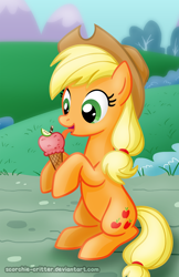 Size: 700x1082 | Tagged: safe, artist:scorchie-critter, character:applejack, species:earth pony, species:pony, apple, cute, female, food, hoof hold, ice cream, jackabetes, mare, sitting, solo