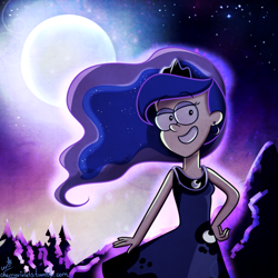 Size: 700x700 | Tagged: safe, artist:cherryviolets, character:princess luna, female, gravity falls, humanized, moon, night, solo, style emulation