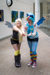 Size: 428x640 | Tagged: safe, artist:misssinger, artist:princesschuchi, character:derpy hooves, character:rainbow dash, species:human, convention, converse, cosplay, fan expo vancouver, food, irl, irl human, muffin, photo