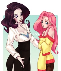 Size: 800x928 | Tagged: safe, artist:x-arielle, character:fluttershy, character:rarity, species:human, breasts, cigarette, cleavage, clothing, female, humanized, off shoulder, off shoulder sweater, side slit, skirt, sweater, sweatershy, tube skirt