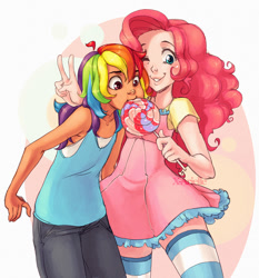 Size: 900x966 | Tagged: safe, artist:x-arielle, character:pinkie pie, character:rainbow dash, ship:pinkiedash, breasts, candy, clothing, cute, dashabetes, delicious flat chest, diapinkes, eating, female, food, humanized, lesbian, lollipop, rainbow flat, shipping, socks, striped socks, thigh highs, zettai ryouiki