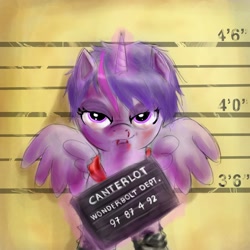 Size: 1984x1984 | Tagged: safe, artist:neroscottkennedy, character:twilight sparkle, character:twilight sparkle (alicorn), species:alicorn, species:pony, blood, bruised, clothing, dmc, donte, female, injured, looking at you, magic, mare, mugshot, nosebleed, parody, smirk, spread wings, telekinesis, wings