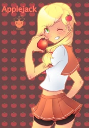 Size: 486x700 | Tagged: source needed, useless source url, safe, artist:framboosi, character:applejack, species:human, anime, anime style, apple, blonde hair, clothing, compression shorts, confident, female, flexing, green eyes, hand on hip, humanized, midriff, miniskirt, one eye closed, ponytail, sailor uniform, school uniform, schoolgirl, shorts, shorts under skirt, skirt, solo, tomboy, wink