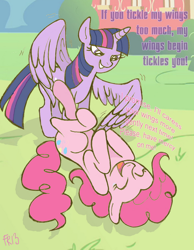 Size: 452x582 | Tagged: safe, artist:fr-13, artist:rgevskiy, character:pinkie pie, character:twilight sparkle, character:twilight sparkle (alicorn), species:alicorn, species:pony, female, mare, tickling, ticklish tummy, ticklish wings