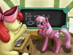 Size: 1500x1133 | Tagged: safe, artist:zevironmoniroth, character:apple bloom, character:cheerilee, species:earth pony, species:pony, apple, book, chalkboard, classroom, desk, duo, duo female, female, filly, mare, ponyville schoolhouse, school, teacher and student