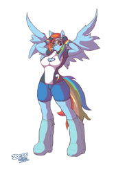 Size: 651x963 | Tagged: safe, artist:lionalliance, character:rainbow dash, species:anthro, boob window, breasts, cleavage, female, simple background, solo, white background