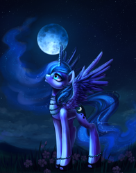 Size: 2005x2557 | Tagged: safe, artist:nyarmarr, character:princess luna, species:alicorn, species:pony, absurd resolution, blue eyes, cloud, ethereal mane, female, horn, jewelry, looking up, moon, necklace, night, pearl necklace, regalia, solo, spread wings, stars, wings
