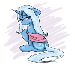 Size: 515x454 | Tagged: safe, artist:junkyardgypsy, character:trixie, looking at you, looking back, sitting, towel, wet, wet mane