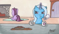 Size: 1705x1000 | Tagged: safe, artist:moonlightscribe, character:trixie, character:twilight sparkle, food, prank, traditional art
