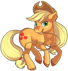 Size: 800x837 | Tagged: safe, artist:kaceymeg, character:applejack, female, lasso, looking at you, mouth hold, rope, running, simple background, solo, unshorn fetlocks