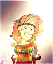 Size: 742x889 | Tagged: dead source, safe, artist:cherryviolets, character:fluttershy, species:human, cute, female, gravity falls, hippie, hippieshy, humanized, peace symbol, shyabetes, solo, style emulation