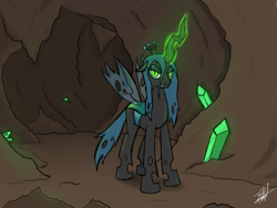 Size: 1600x1200 | Tagged: safe, artist:tomazii7, character:queen chrysalis, species:changeling, cave, changeling queen, crystal, female, glowing horn, horn