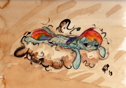 Size: 3341x2346 | Tagged: safe, artist:il-phantom, character:rainbow dash, chinese, cloud, female, sleepy, solo, traditional art, watercolor painting
