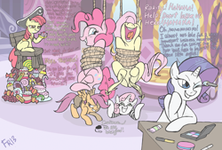 Size: 1276x862 | Tagged: safe, artist:fr-13, character:apple bloom, character:fluttershy, character:pinkie pie, character:rarity, character:scootaloo, character:sweetie belle, species:earth pony, species:pegasus, species:pony, species:unicorn, babysitting, bondage, carousel boutique, cutie mark crusaders, engrish, female, filly, hoof tickling, makeup, mare, pirate, suspended, tickle torture, tickling, tied up