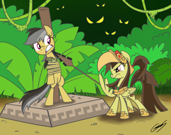 Size: 1910x1510 | Tagged: safe, artist:gearholder, character:daring do, oc, oc:tailcoatl, species:pegasus, species:pony, aztec, bondage, duo, female, mare, mexico, obsidian, spear, tepoztopilli, tied up, weapon, wing hold