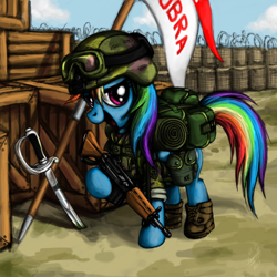 Size: 1080x1080 | Tagged: safe, artist:myminiatureequine, character:rainbow dash, ak-47, assault rifle, backpack, banner, crate, female, goggles, gun, helmet, looking at you, military, rifle, soldier, solo, sword, trench, weapon