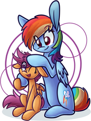 Size: 567x757 | Tagged: safe, artist:littlepinkalpaca, character:rainbow dash, character:scootaloo, species:pegasus, species:pony, abstract background, cute, cutealoo, dashabetes, duo, eye clipping through hair, female, filly, floppy ears, mare, one eye closed, open mouth, ruffled hair, scootalove