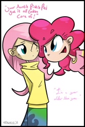 Size: 400x600 | Tagged: safe, artist:astalakio, character:fluttershy, character:pinkie pie, species:human, episode:griffon the brush-off, g4, my little pony: friendship is magic, breasts, clothing, delicious flat chest, dialogue, flattershy, humanized, i'm a year older than you, scene interpretation, simple background, skinny, skirt, sweater, sweatershy