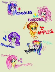 Size: 1144x1494 | Tagged: safe, artist:cherryviolets, character:applejack, character:fluttershy, character:pinkie pie, character:rainbow dash, character:rarity, character:twilight sparkle, humanized, mane six, one word