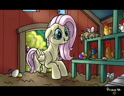 Size: 1280x994 | Tagged: safe, artist:arceus55, character:fluttershy, species:chicken, animal, chicken coop, easter, easter egg, fake screencap, interior, working