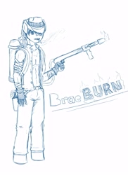 Size: 4000x5500 | Tagged: safe, artist:devious-stylus, artist:sky bound, character:braeburn, species:anthro, clothing, cowboy hat, fanfic, flamethrower, hat, headcanon, looking at you, male, mercenary, solo, stetson, weapon